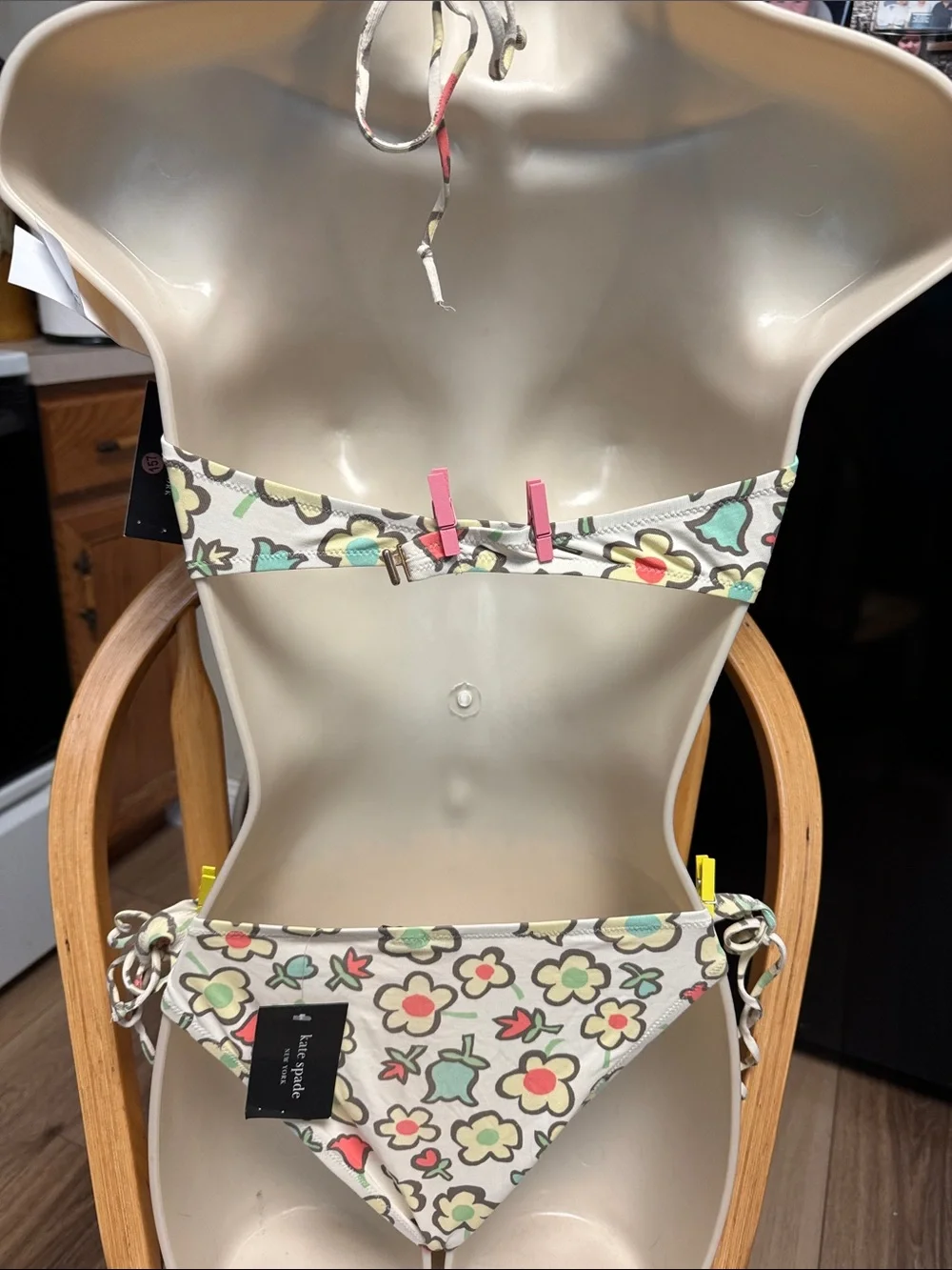 KATE SPADE NWT L cream Floral UNLINED NO PADDING NUDIST TYPE SEXY Bikini SET